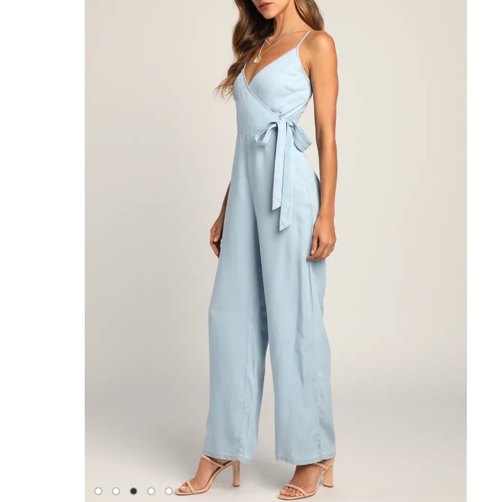 Lulu's Light Blue Smocked-Back Wide-Leg Jumpsuit Sz. M